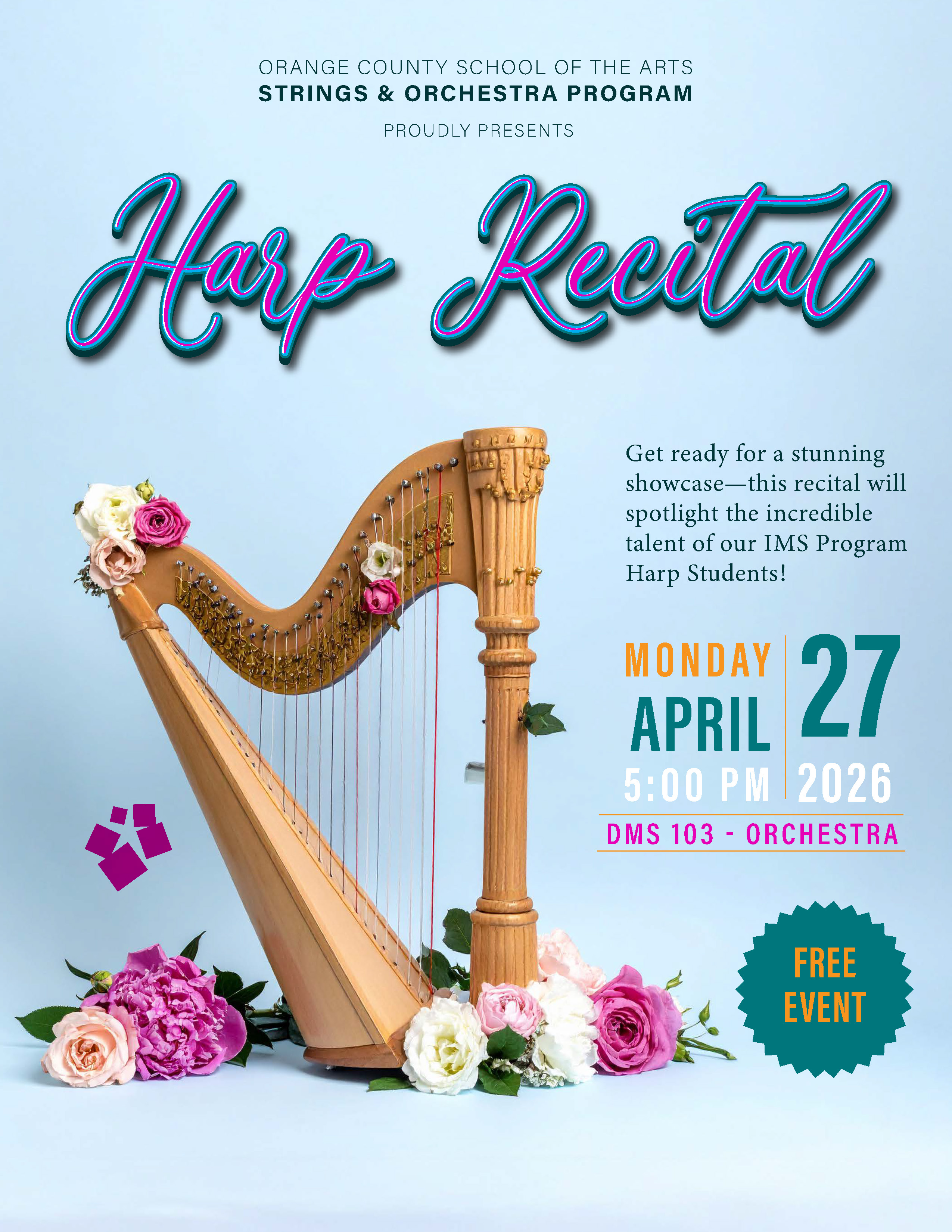 “Chang’e” harp premiere date venue changed to Monday 4/27/26 5 PM Orange County School of the Arts