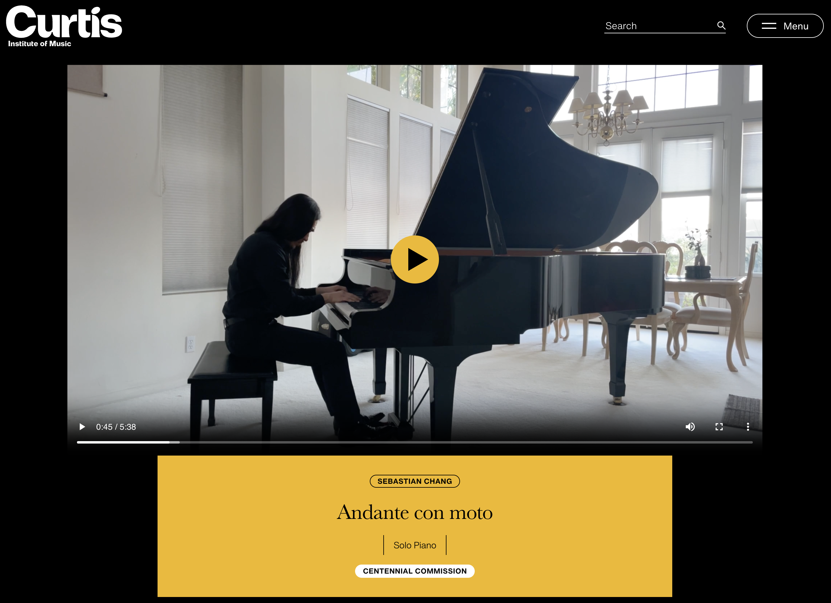 A screenshot of Sebastian performing his piano composition "Andante con moto" on the Curtis Institute of Music website